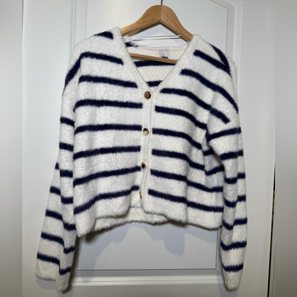 Women's Fuzzy Party Cardigan - A New Day™ Cream/Navy Striped - S‎